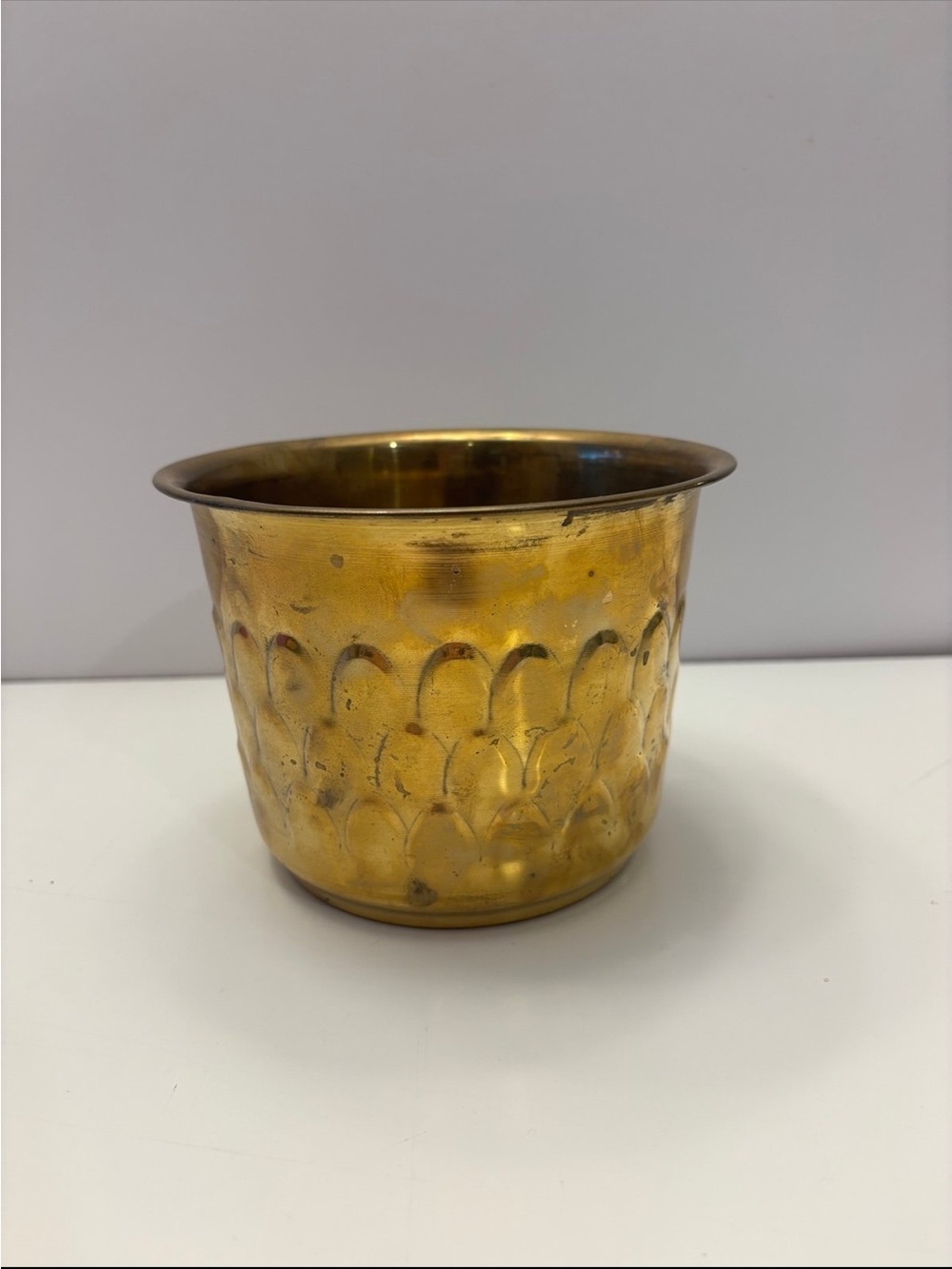Vintage brass planter pot with scalloped or hammered pattern